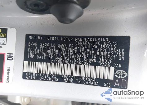 2015 Toyota Corolla S Plus z USA, uszkodzony, nr VIN 2T1BURHE1FC368087